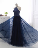 Sexy Halter Backless Evening Dresses With Beading Sequins Sleeveless Tulle A-Line Prom Dress Party Gowns