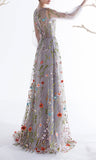 Floral Embroidery Long Sleeves Prom Dress