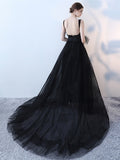 A-Line Bowknot Flowers V-Neck Court Train Evening Dress