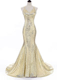 Sequins Mermaid Prom Dress Spaghetti Straps V Neck Backless Gowns