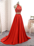 Red Satin High Neck Prom Dress