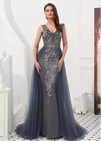 Tulle V-neck Beading Navy Floor-length A-line Evening Dress