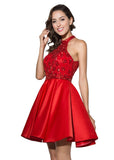Gorgeous Satin Halter Neckline A-Line Short Homecoming Dresses With Beadings