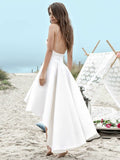 Satin Spaghetti Straps Sexy Asymmetrical High Low Ruched Wedding Dress