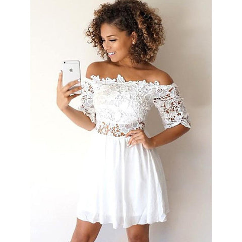 A-Line Chiffon Applique Off-the-Shoulder 1/2 Sleeves Short Mini Homecoming Dress