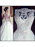 See-Through Beading Back Bateau Neck Tulle A-Line Wedding Dress