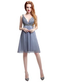 Exquisite Chiffon V-neck Neckline Knee-length A-Line Homecoming Dresses With Beadings