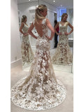 Sheer Mermaid Backless Ivory Lace Wedding Dress