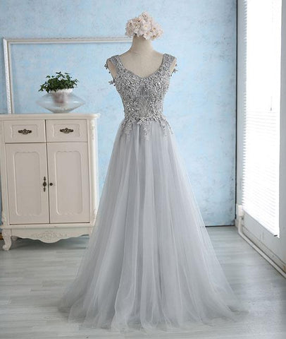 Gray Sweetheart Lace Tulle Long Prom Dress