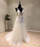 White A-Line Tulle Lace Long Prom Dress