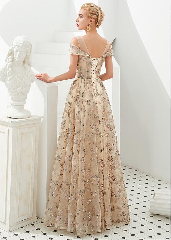 Gold Sequined Off the Shoulder Long Sleeves Sheath Prom Dresses LBQ1233 main image 1