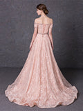 A-Line Off-the-Shoulder Lace Beading Court Train Evening Dress