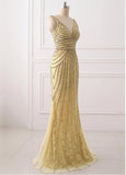 V-neck Neckline Sheath Evening Dresses With Beadings