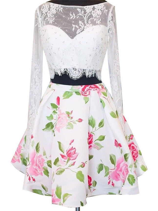 Two Piece Bateau White Long Sleeve Homecoming Dresses US6 / As The Pictures Two Piece Bateau White Long Sleeve Homecoming Dresses US6 / As The Pictures