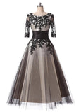 Elegant Tulle Scoop Neckline A-Line Tea-length Prom Dresses With Lace Appliques