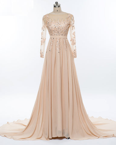 Beading Crystal Formal Long Sleeve Prom Dress