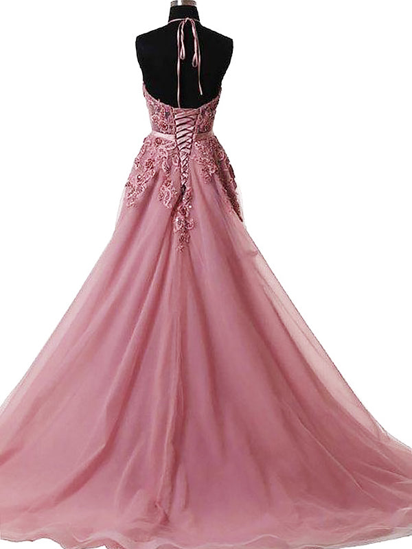 Halter Sleeveless Pink Applique Tulle Prom Dress US14 / Pink