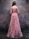 Appliques A-Line Flowers Beading Bateau Lace Floor-Length Evening Dress