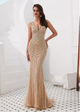 Tulle V-neck Gold Mermaid Evening Dress With Rhinestones