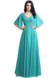 Modest Chiffon V-neck Neckline Trumpet Sleeves A-line Evening Dresses With Bea