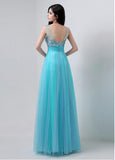 Blue Fabulous Tulle Scoop Neckline A-line Prom Dresses With Beadings