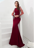 Satin Bateau Burgundy Long Sleeve Mermaid Evening Dress