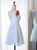 Spaghetti Straps Short Light Blue Lace Homecoming Dress