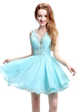 Chic Chiffon V-neck Neckline Sleeveless Short-length A-line Homecoming Dresses With Pleats & Beadings