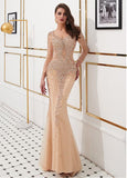 Tulle V-neck Beading Champagne Mermaid Evening Dress