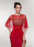 Spandex Jewel Red Half Sleeves Mermaid Evening Dress