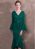 Satin V-neck Green Hi-lo Mermaid Formal Dress With Belt