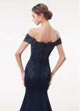 Stretch Satin Off-the-shoulder Navy Mermaid Beading Evening Dress