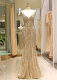Tulle Spaghetti Straps Gold Long Mermaid Prom Evening Dress