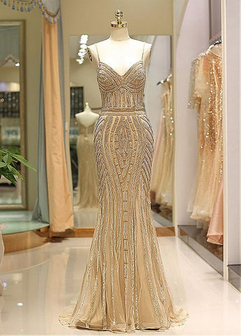 Tulle Spaghetti Straps Gold Long Mermaid Prom Evening Dress