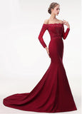 Satin Off-the-shoulder Beading Red Mermaid Evening Dress With Belt