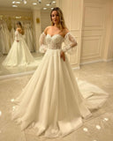 Tulle Sweetheart Puffy Sleeves Beading A Line Wedding Dress