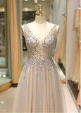 Beading Tulle V-neck Champagne Long Prom Dress