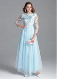 Embroidery Lace & Tulle Bateau Long Sleeve A-line Prom Dress