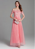 Embroidery Tulle Off-the-shoulder Pink A-line Prom Dress
