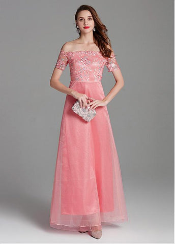 Embroidery Tulle Off-the-shoulder Pink A-line Prom Dress