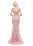 Pink Long Lace Jewel Mermaid Prom Evening Dress
