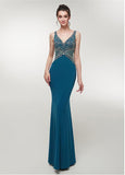Spandex V-neck Teal Mermaid Evening Dress