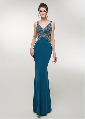 Spandex V-neck Teal Mermaid Evening Dress