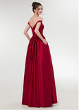 Burgundy Satin Off-the-shoulder Neckline A-line Prom Dress With Beadings