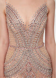Jewel Sheer Long Beading Champagne Mermaid Evening Dress