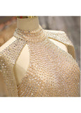 Tulle High Collar Backless Gold Mermaid Prom Dress