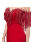 Satin Bateau Short Sleeve Red Beading Mermaid Evening Dress