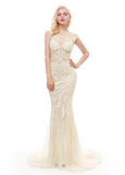 White Tulle Jewel Long Sequins Mermaid Evening Dress