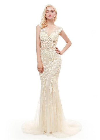 White Tulle Jewel Long Sequins Mermaid Evening Dress
