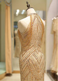 Tulle Jewel Beading Gold Mermaid Evening Dress